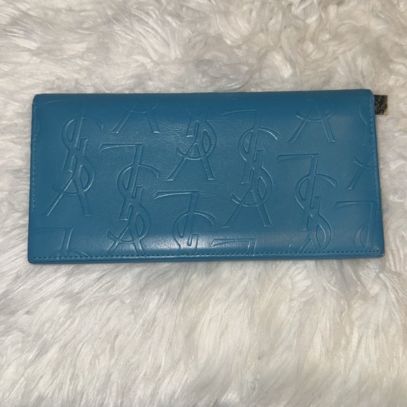 Yves Saint Laurent Long Wallet Vivid Color Turquoise Blue Leather EUC - Picture 6 of 14